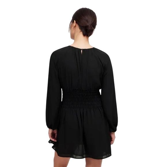 NWT Madewell Black Chiffon Smocked Mini Dress L | Lined Long Sleeve - Picture 3 of 10